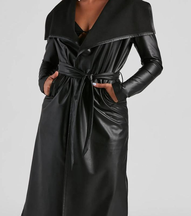 Sable Noir Faux Leather Trench