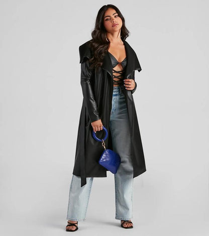 Sable Noir Faux Leather Trench