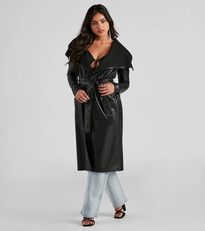 Sable Noir Faux Leather Trench