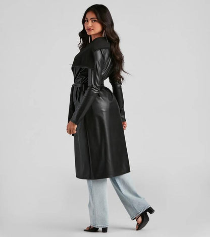 Sable Noir Faux Leather Trench